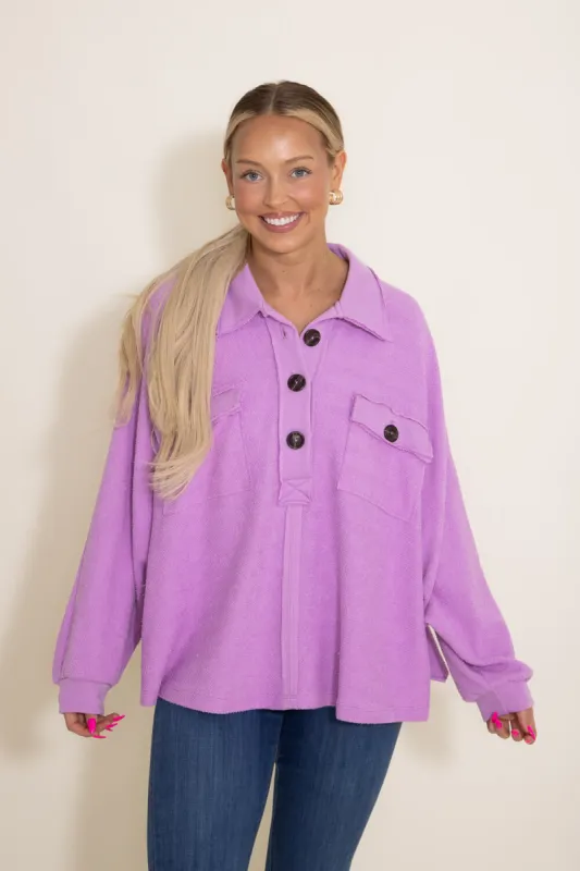 Bucketlist French Terry Fleece Button Up Sweater for Women in Purple | T1578-LAVENDER sold by Glik’s