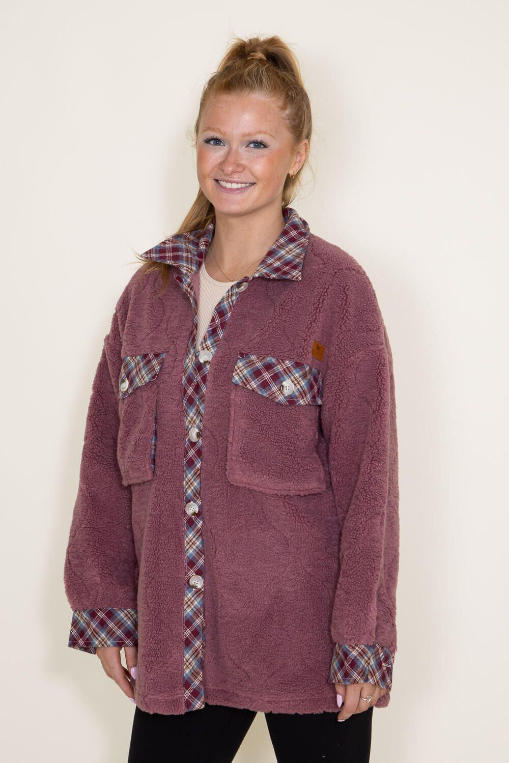 Simply Southern Quilted Plaid Sherpa Shacket for Women in Rose | PP-0223-QLTD-SHKT-ROSE sold by Glik’s product image thumbnail 3