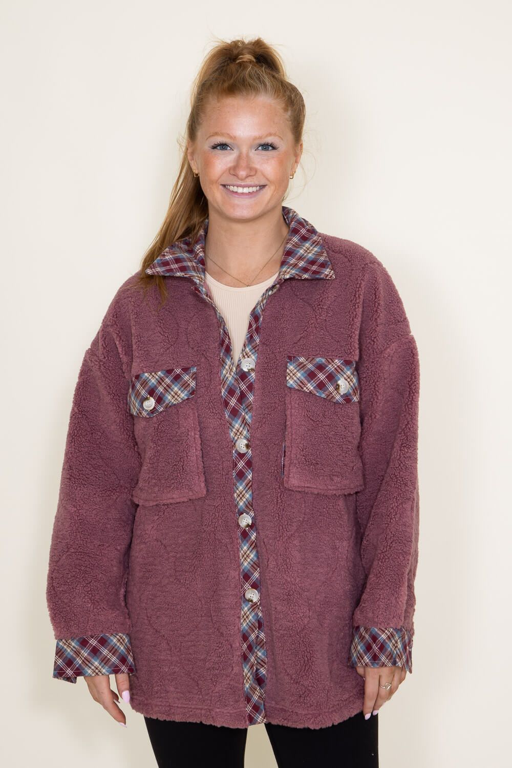 Simply Southern Quilted Plaid Sherpa Shacket for Women in Rose | PP-0223-QLTD-SHKT-ROSE sold by Glik’s