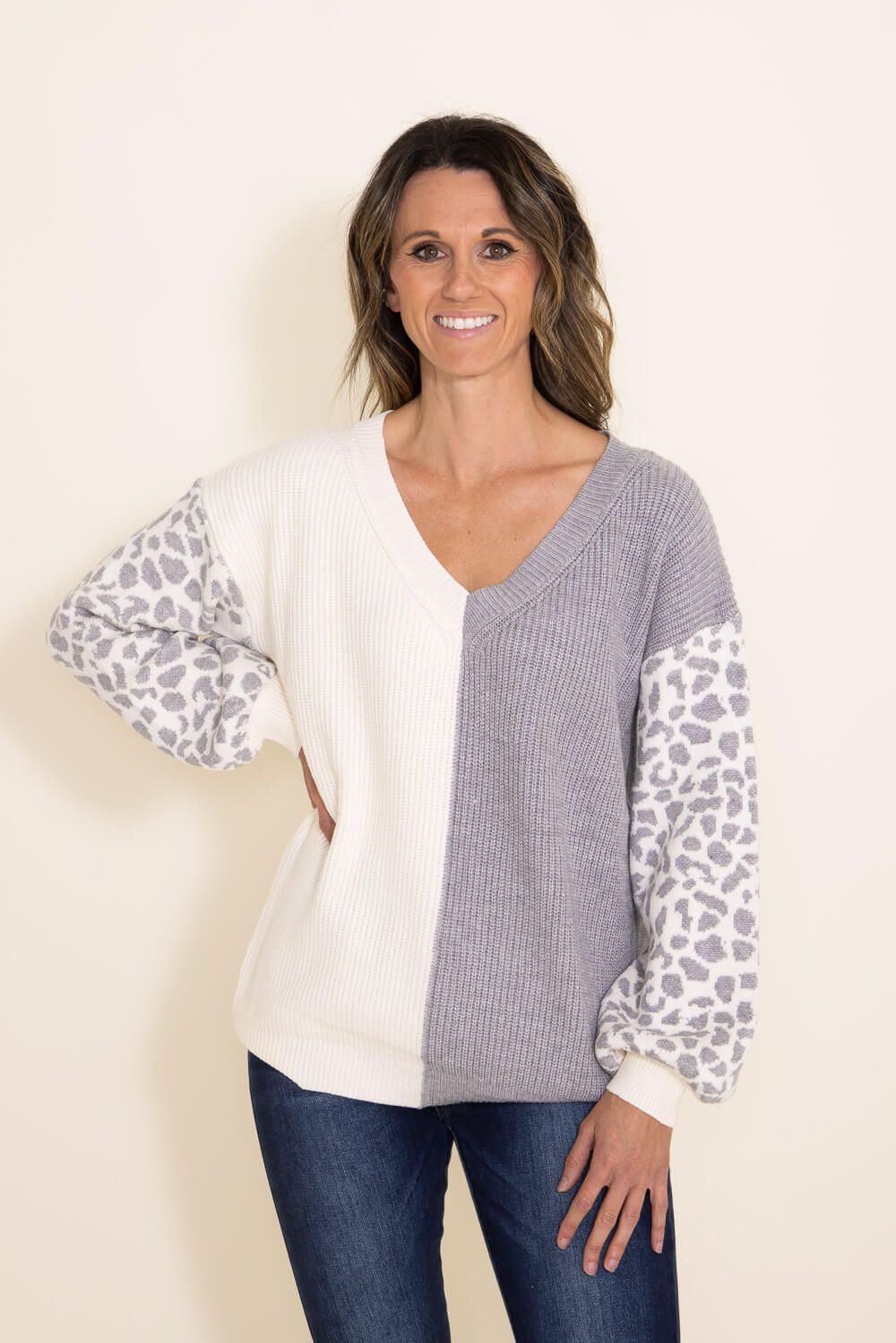 Miracle Color Block Sweater for Women in Grey | M8171-CREAMGREY sold by Glik’s