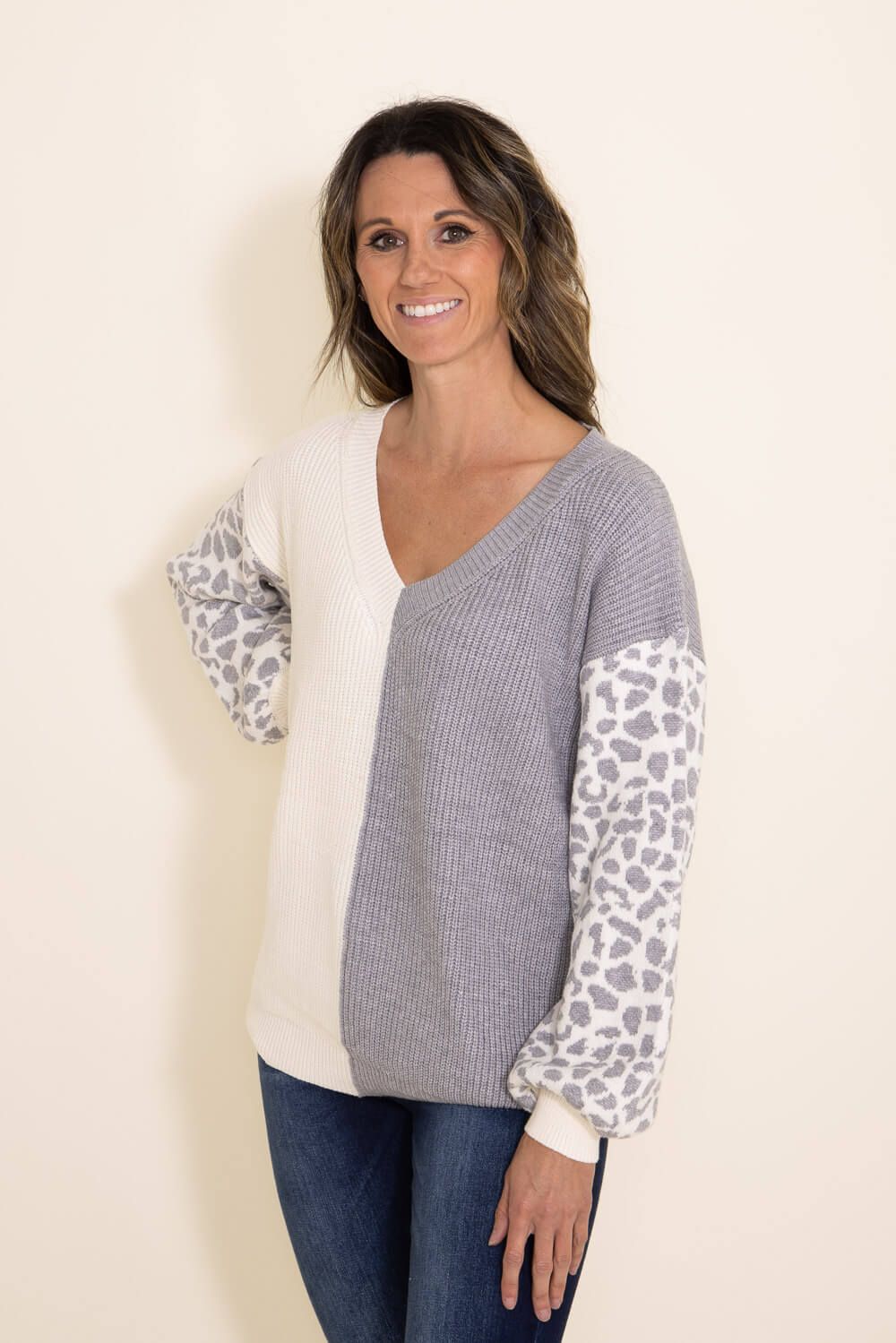 Miracle Color Block Sweater for Women in Grey | M8171-CREAMGREY sold by Glik’s product image thumbnail 3