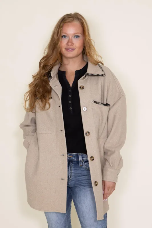 Embroidered Stitch Edge Felt Shacket for Women in Taupe | 33959-HTAUPE sold by Glik’s