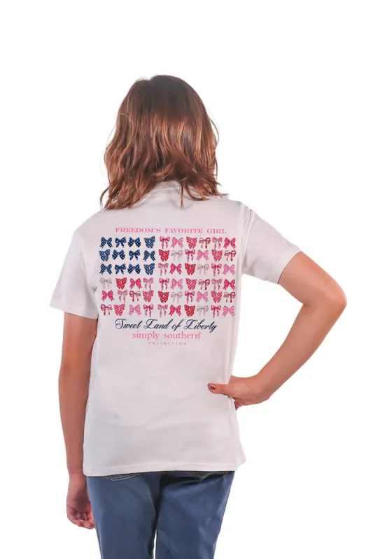 Youth Simply Southern Youth Bow Flag T-Shirt for Girls in White | YTH-SS-BOWFLAG-WHITE sold by Glik’s