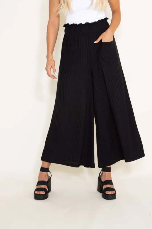 Ruffle Waist Flowy Wide Leg Pants for Women in Black | NP70112-BLACK sold by Glik’s