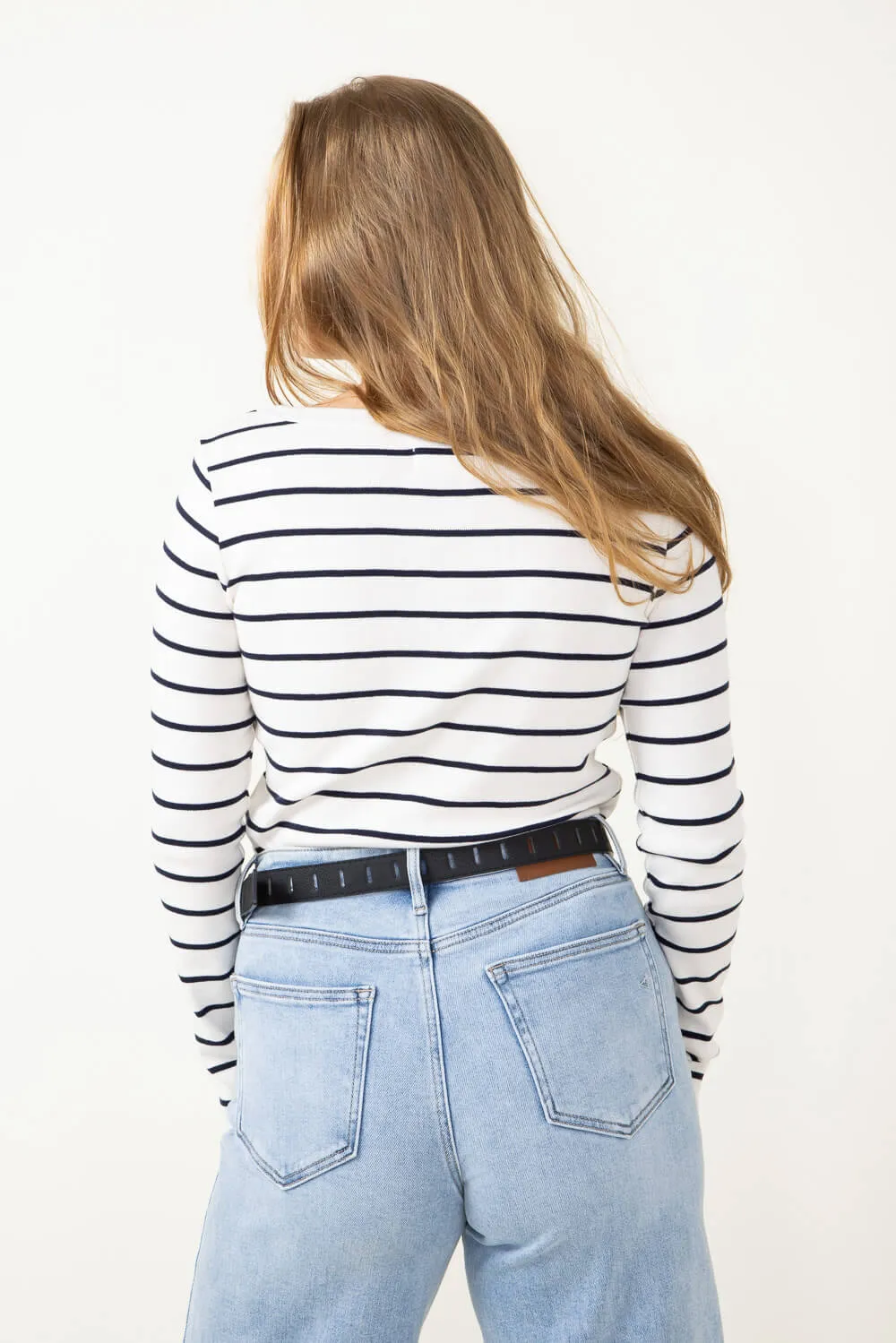 Thread & Supply Brynn Navy Stripe Shirt for Women in White | T3394SFRTS-WHITENAVY sold by Glik’s product image thumbnail 3