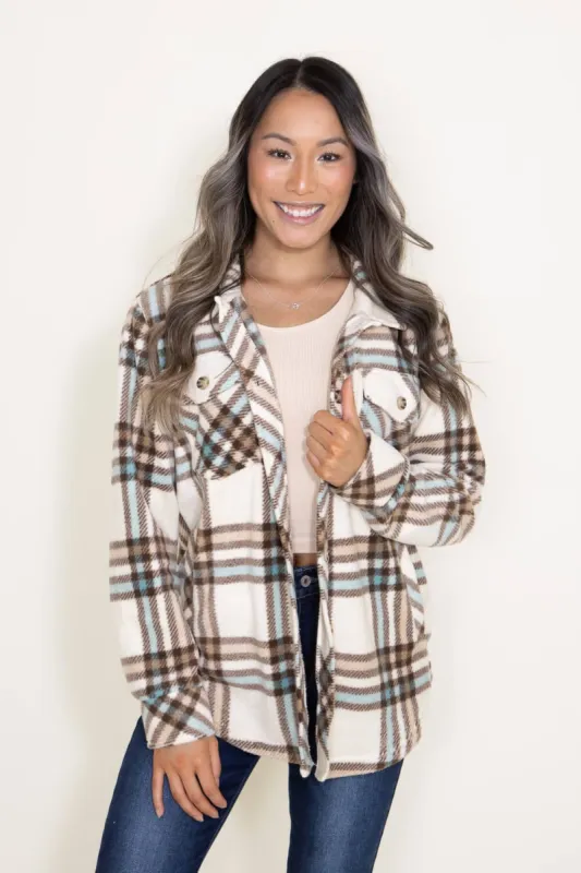 Thread & Supply Tullis Fleece Plaid Shacket for Women in Brown | J7711PFKGK-BROWN TAUPE TEAL sold by Glik’s