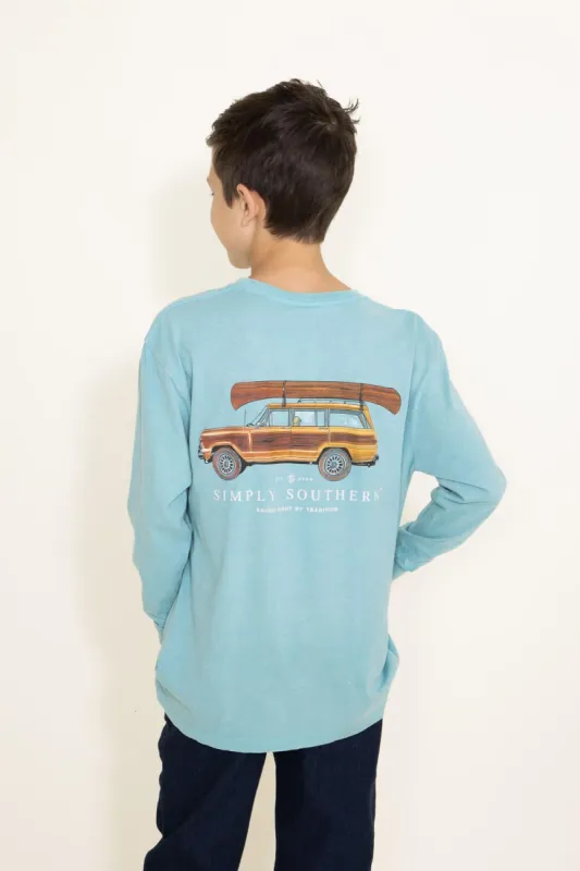 Simply Southern Youth Canoe on a Car Long Sleeve T-Shirt for Boys in Blue | YTH-SC-MN-LS-CANOE-BROOK sold by Glik’s
