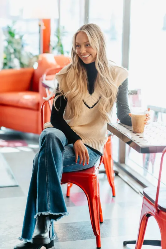 Elan Contrast Trim V-Neck Sweater Vest for Women in Cream | SW11063-CRM sold by Glik’s