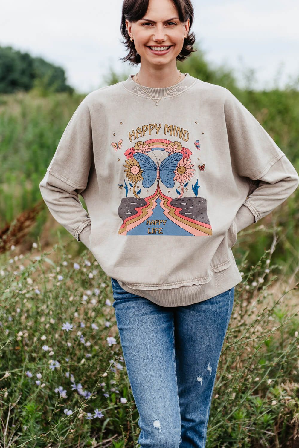 Simply Southern Happy Mind Distressed Pullover for Women in Cream | PP-0223-DSTRSSED-PULL-HAPPY sold by Glik’s product image thumbnail 4
