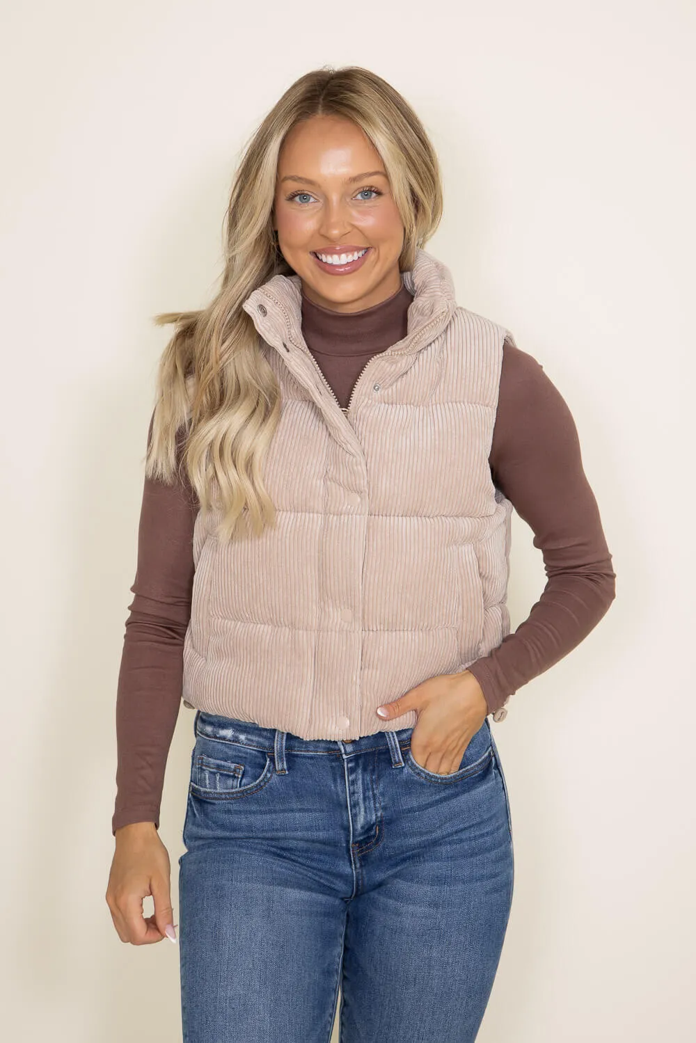 Love Tree Cropped Corduroy Puffer Vest for Women in Khaki | 5100VH-KHAKI sold by Glik’s product image thumbnail 5
