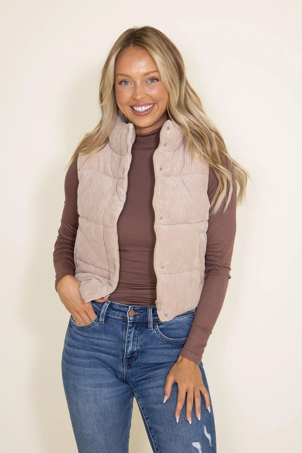 Love Tree Cropped Corduroy Puffer Vest for Women in Khaki | 5100VH-KHAKI sold by Glik’s product image thumbnail 2