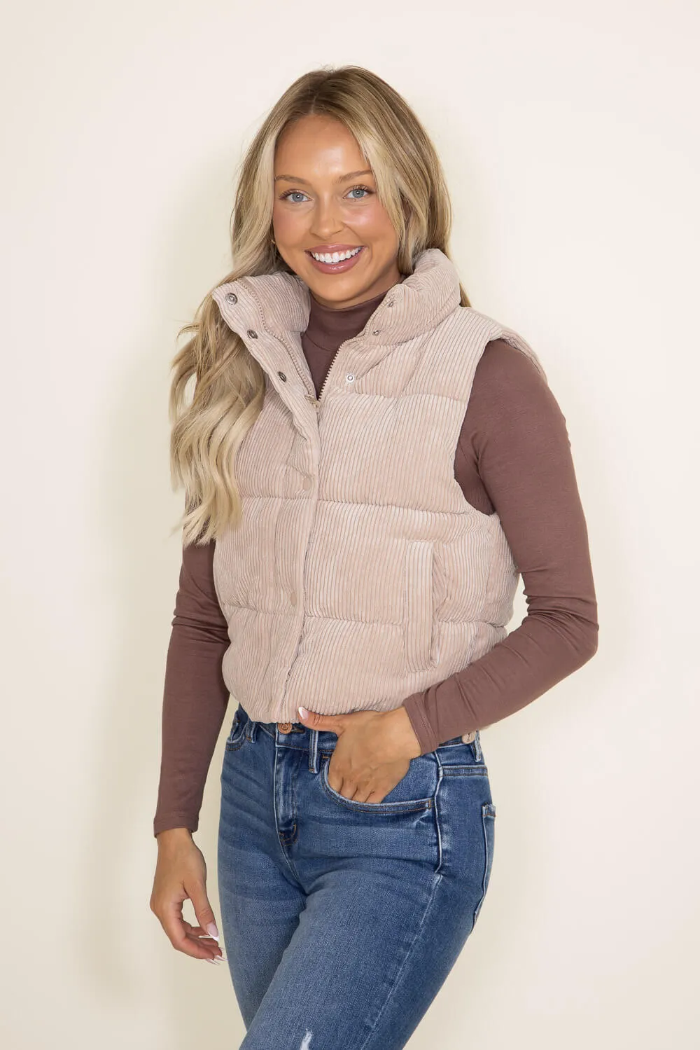 Love Tree Cropped Corduroy Puffer Vest for Women in Khaki | 5100VH-KHAKI sold by Glik’s product image thumbnail 4