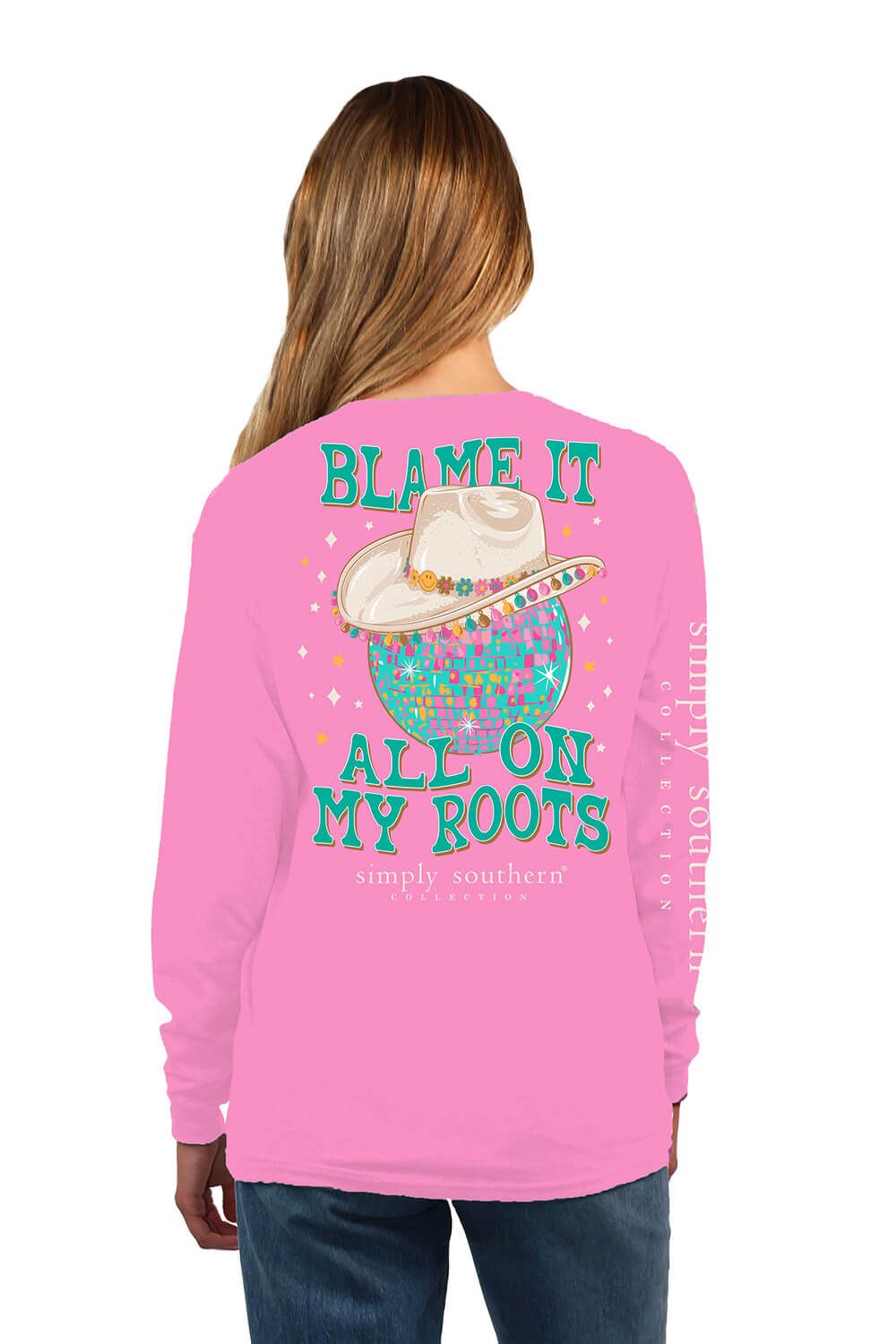 Simply Southern Long Sleeve Blame It On My Roots T-Shirt for Women in Flamingo | LS-ROOTS-FLAMINGO sold by Glik’s