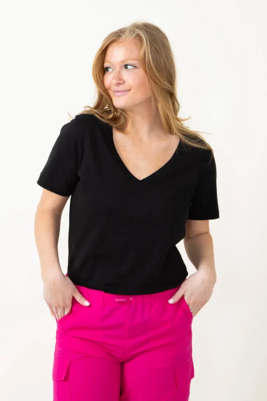 Basic V-Neck T-Shirt for Women in Black | DZ23A189-BLACK sold by Glik’s