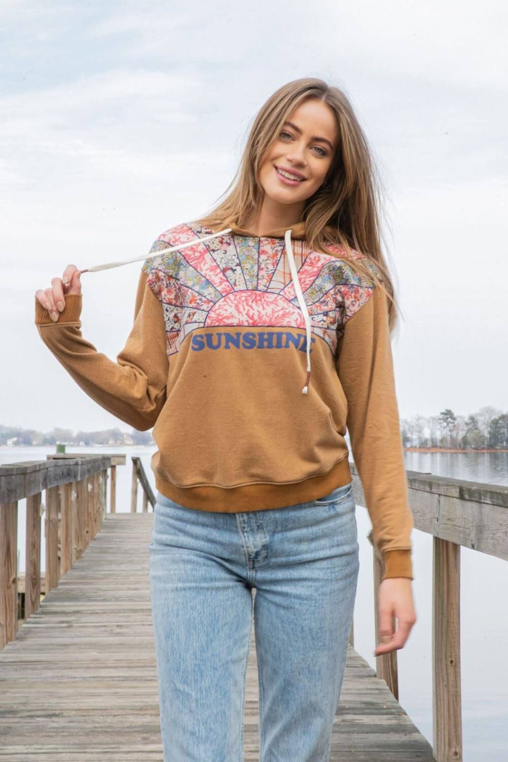 Simply Southern Sunshine Patchwork Hoodie for Women in Brown | PP-0223-PATCH-HD-SUN sold by Glik’s