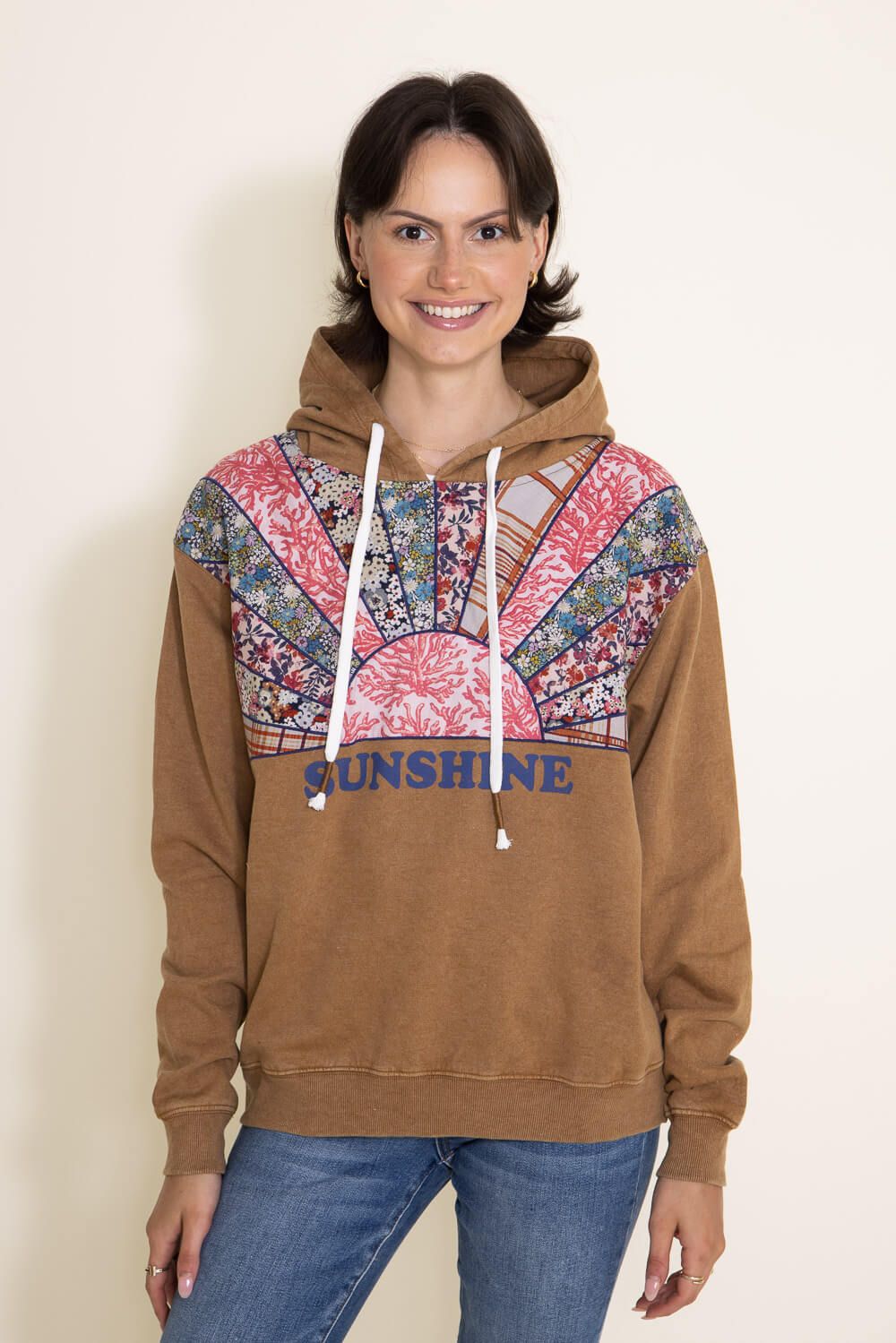 Simply Southern Sunshine Patchwork Hoodie for Women in Brown | PP-0223-PATCH-HD-SUN sold by Glik’s product image thumbnail 2