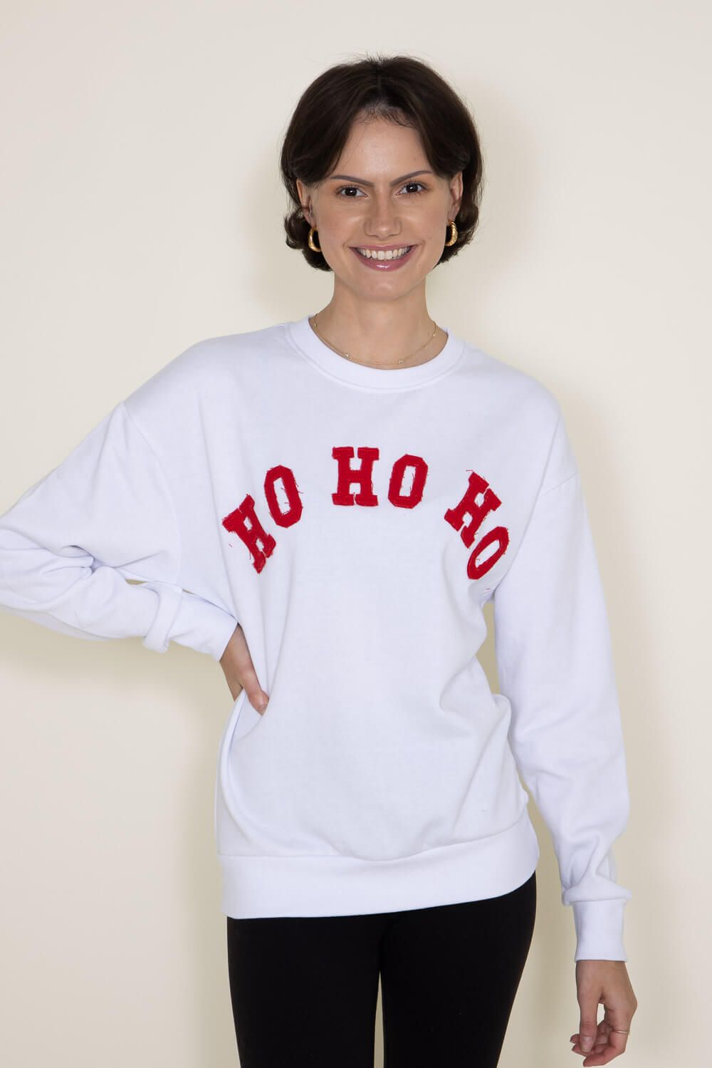 1897 Active HO HO HO Embroidered Fleece Sweatshirt for Women in White | GT077-HOHOHO-WHT/RED sold by Glik’s product image thumbnail 2