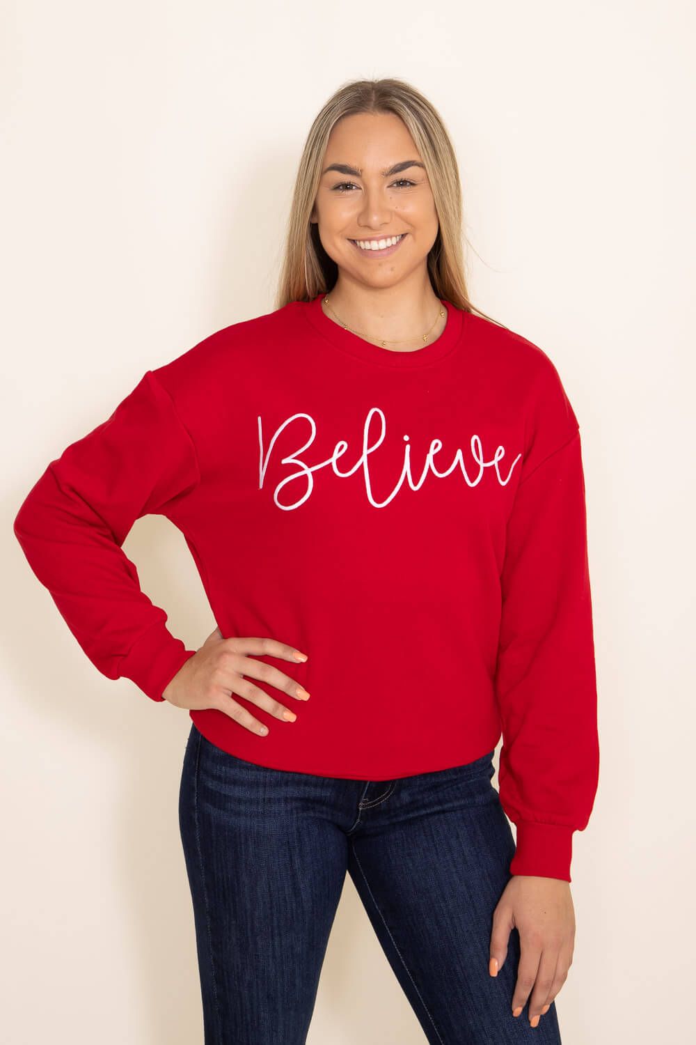 1897 Active Believe Embroidered Fleece Sweatshirt for Women in Red | GT033-BELIEVE-RED sold by Glik’s product image thumbnail 2