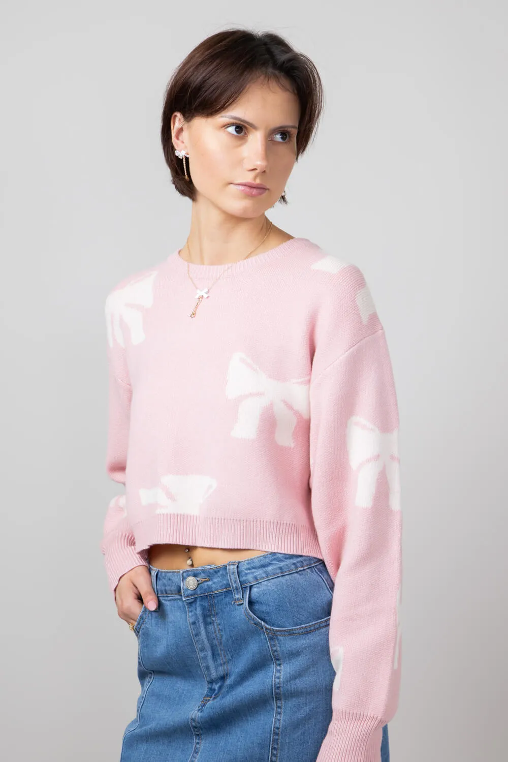 White Bow Sweater for Women in Pink | IWT4021-PINKWHITE sold by Glik’s product image thumbnail 3