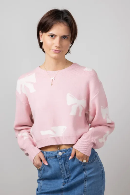 White Bow Sweater for Women in Pink | IWT4021-PINKWHITE made by Le Lis
