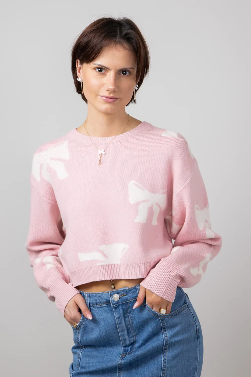 White Bow Sweater for Women in Pink | IWT4021-PINKWHITE sold by Glik’s