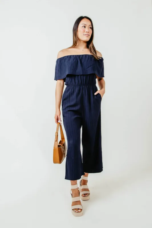 Textured Off the Shoulders Cropped Jumpsuit for Women in Blue | *C30115-NVY sold by Glik’s