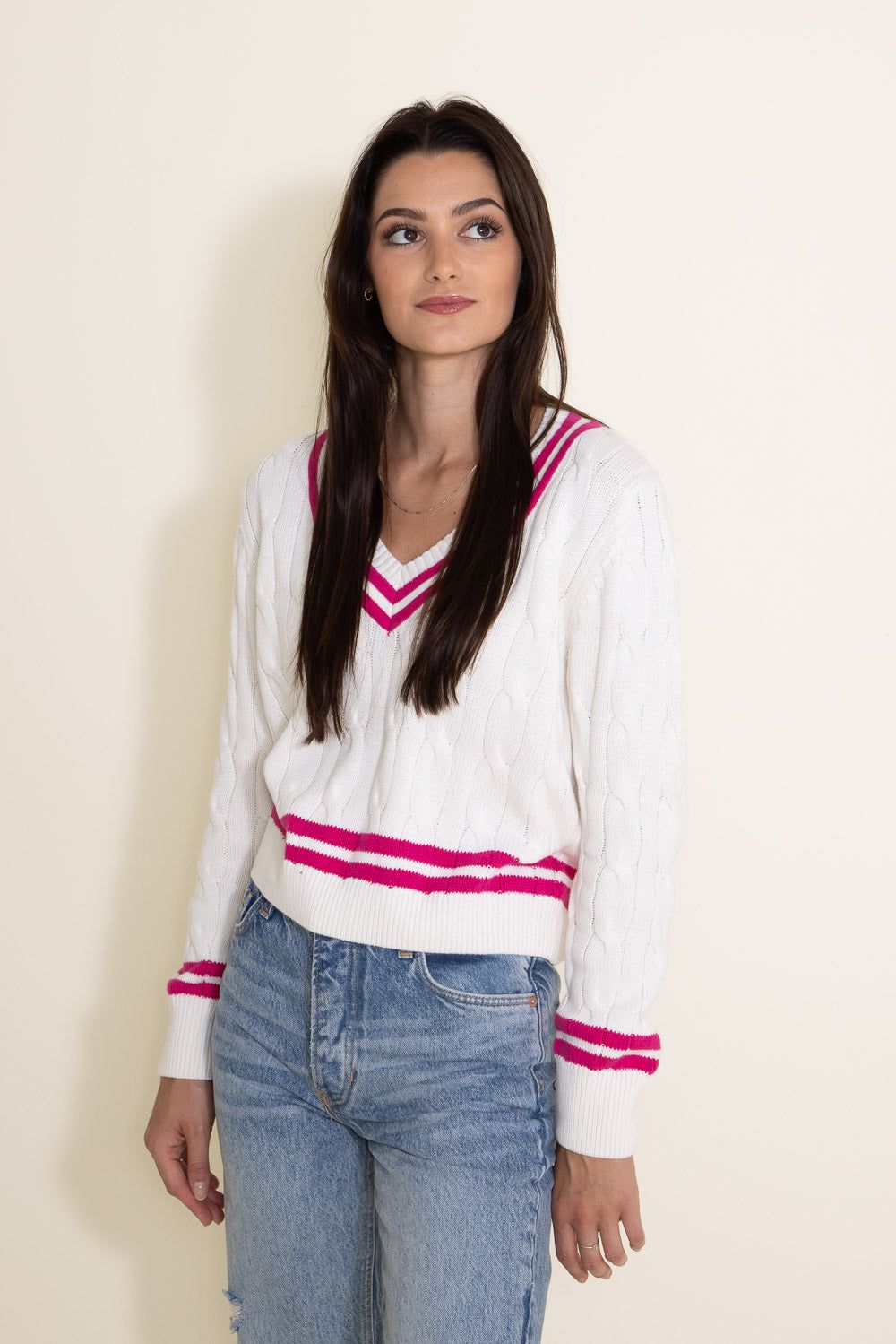 Olivaceous Pickleball V-Neck Sweater for Women in White/Pink | 2300-116LTL-WHITEFUCHSIA sold by Glik’s product image thumbnail 4