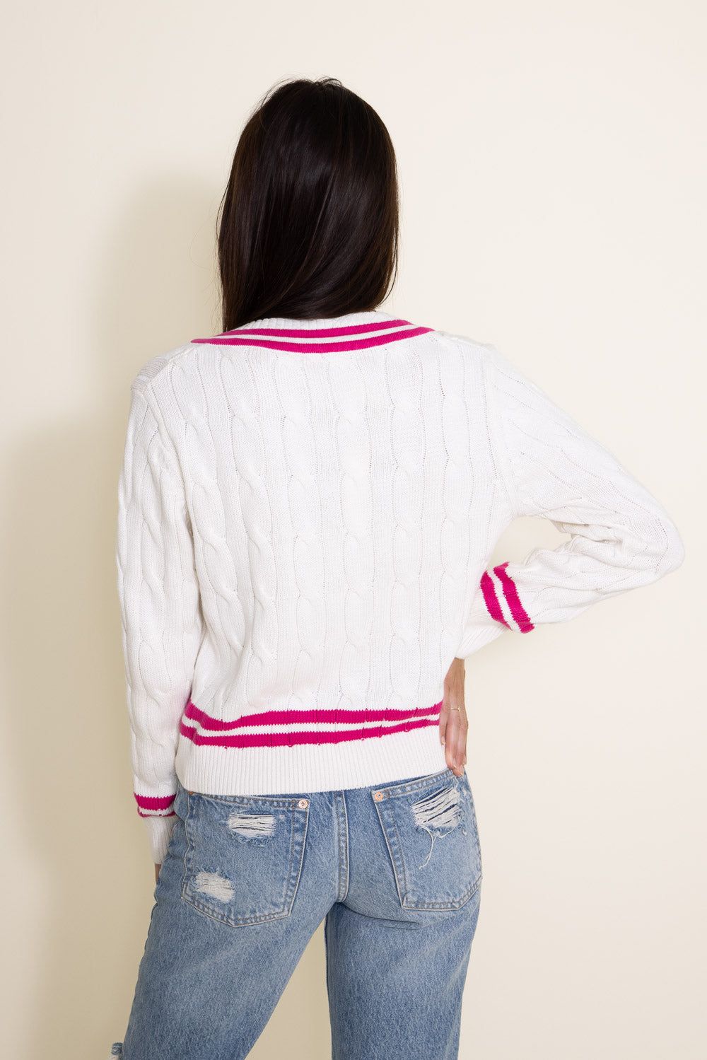 Olivaceous Pickleball V-Neck Sweater for Women in White/Pink | 2300-116LTL-WHITEFUCHSIA sold by Glik’s product image thumbnail 3