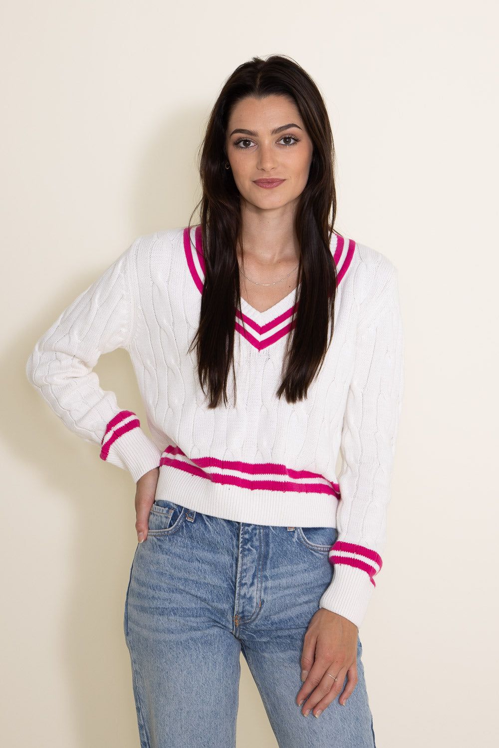 Olivaceous Pickleball V-Neck Sweater for Women in White/Pink | 2300-116LTL-WHITEFUCHSIA sold by Glik’s product image thumbnail 2