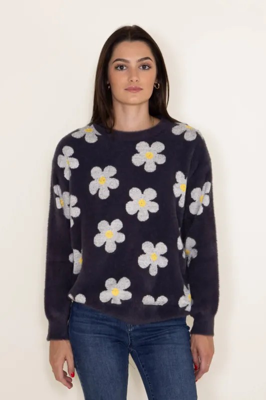 Simply Southern Fuzzy Daisy Print Crewneck Sweater for Women in Grey | PP-0223-FUZZY-CREW-ASHDSY sold by Glik’s