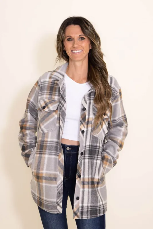 Thread & Supply Tullis Fleece Plaid Shacket for Women in Grey and Brown | J7711PFKTS-CHARCOAL TAUPE PLAID sold by Glik’s