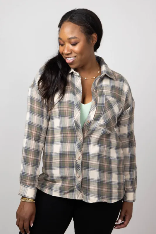 Plaid Woven Top for Women in Olive | 19336J-OLIVE sold by Glik’s