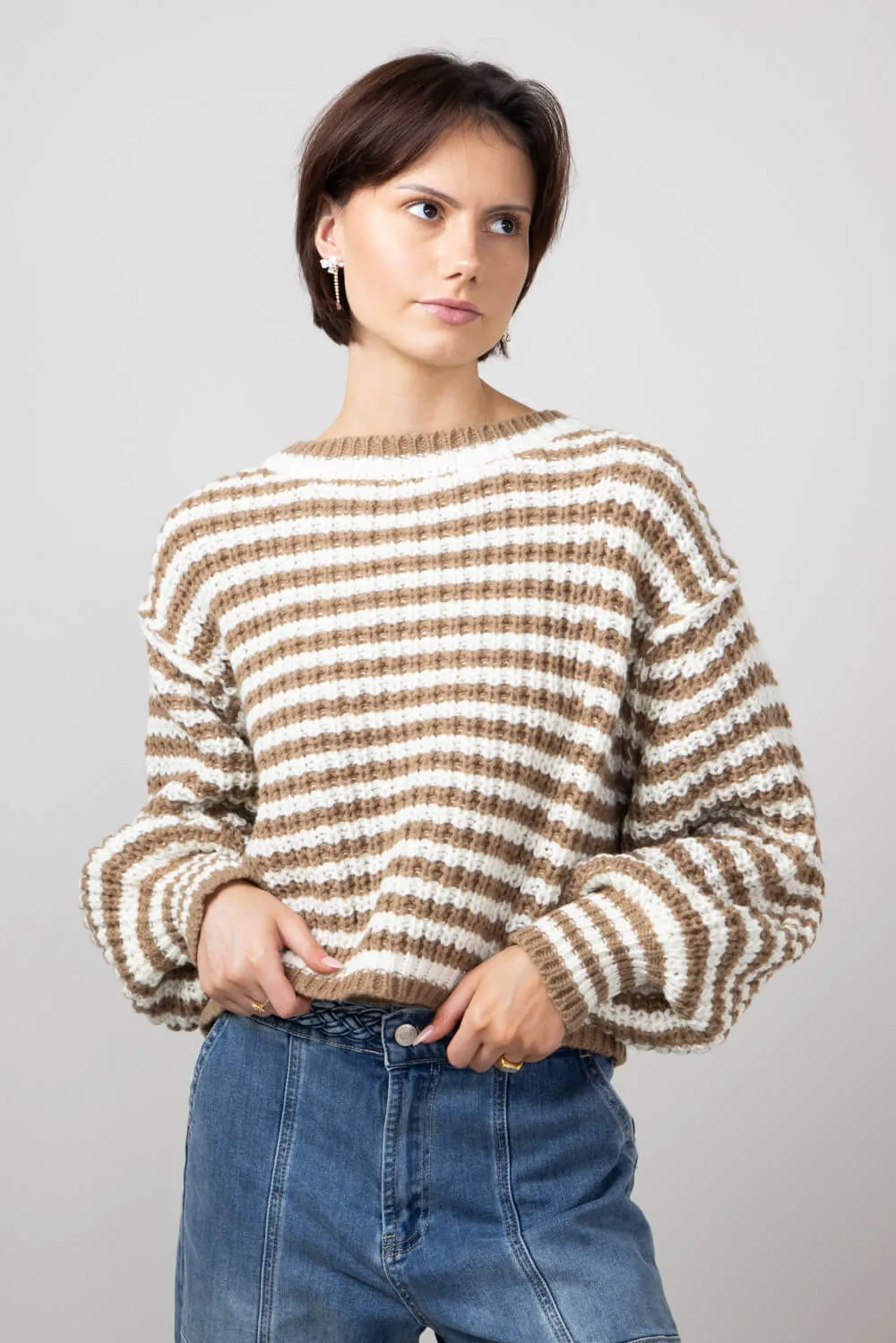 Striped Drop Shoulder Sweater for Women in Off White Taupe | SWT7397-OFFWHITETAUPE sold by Glik’s product image thumbnail 3