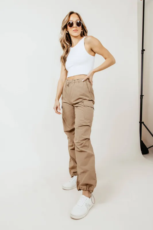 Love Tree Nylon Cargo Baggy Parachute Pants for Women in Khaki | 6866PN-KHAKI sold by Glik’s