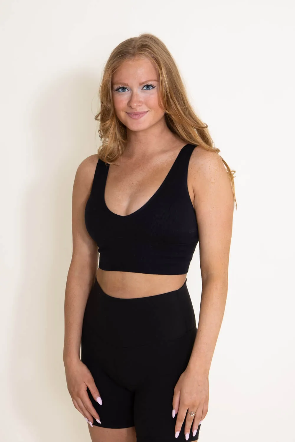 Ribbed V-Plunge Padded Sports Bra for Women in Black | 342-BLACK sold by Glik’s product image thumbnail 3