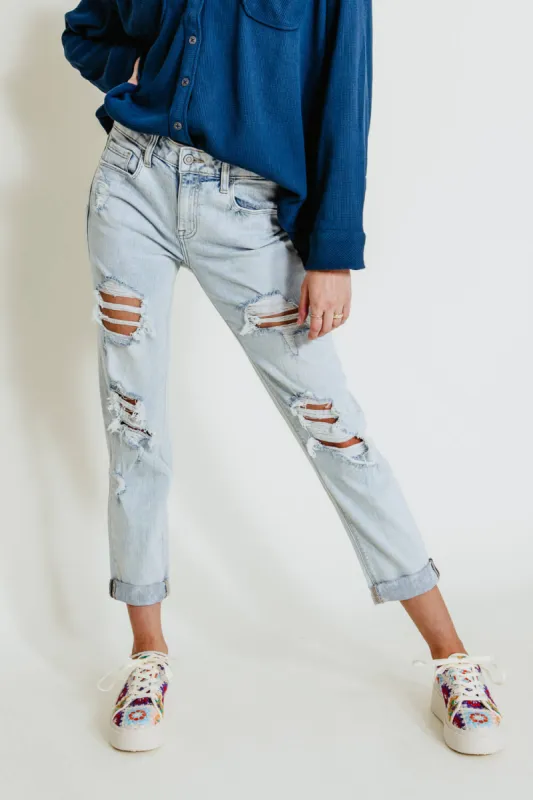 Eunina Frankie Mid Rise Light Wash Distressed Girlfriend Jeans for Women | E87061IND sold by Glik’s