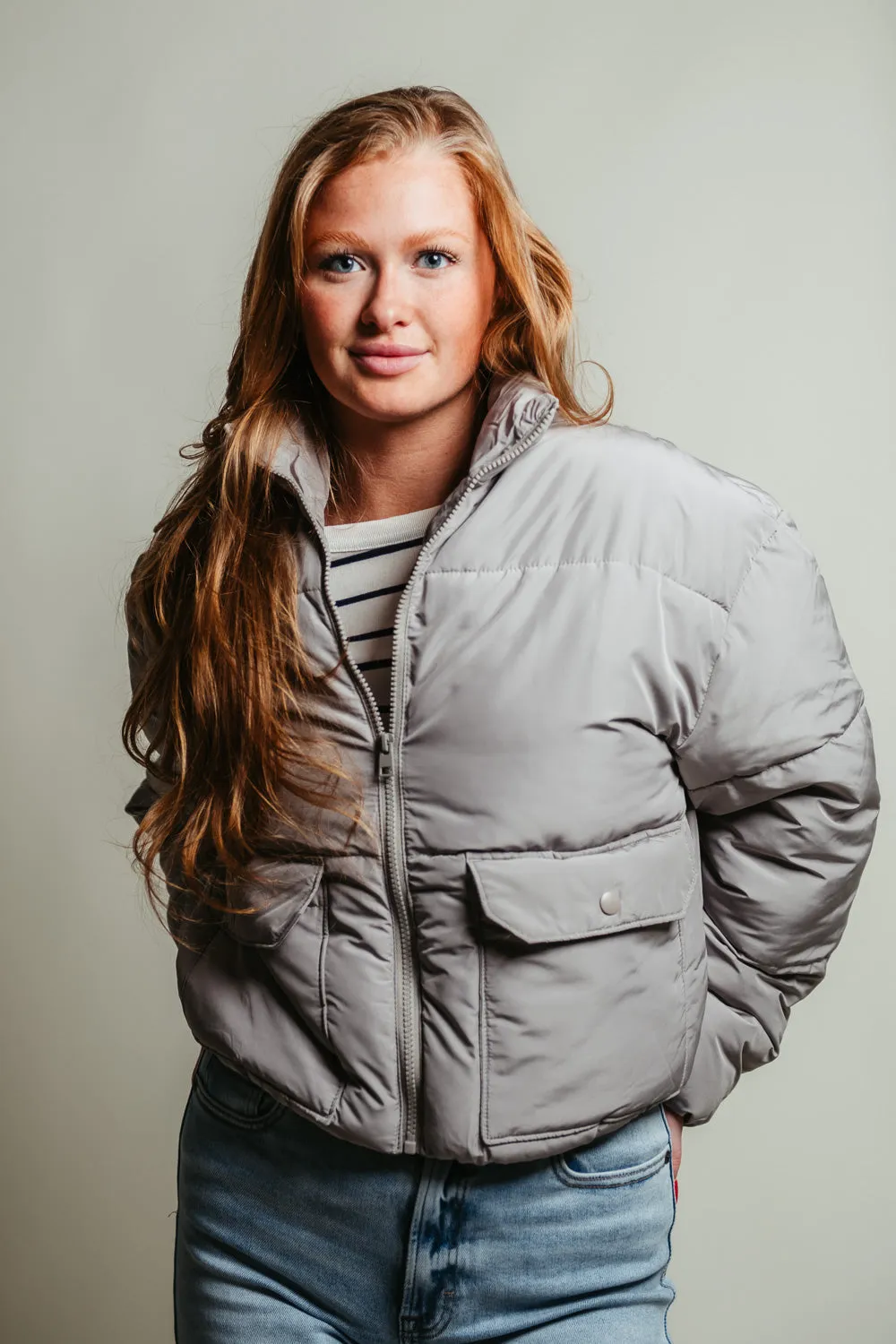 Love Tree Waist Length Puffer Jacket for Women in Grey | 80192JH-GREY sold by Glik’s