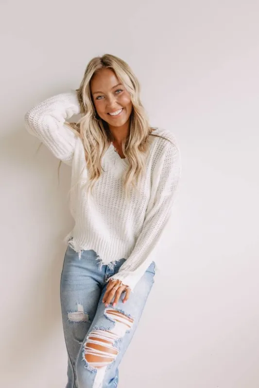 Frayed V Neck Sweater for Women in White | LT31500-WHITE sold by Glik’s