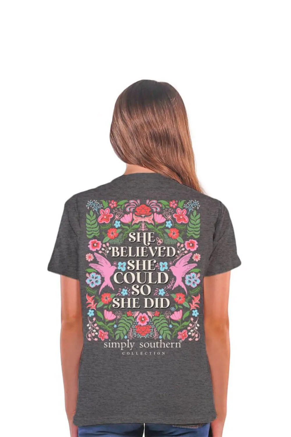 Simply Southern Youth She Believed T-Shirt for Girls in Grey | YTH-SS-SHE-GRAPHITEHTHR sold by Glik’s