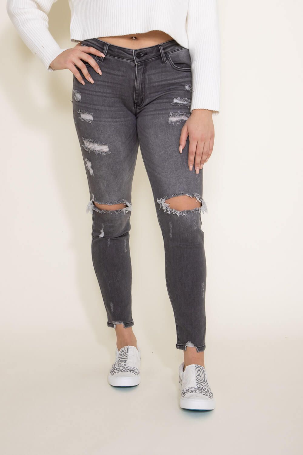 KanCan Mid Rise Distressed Super Skinny Jeans for Women in Light Grey | KC5055LG sold by Glik’s
