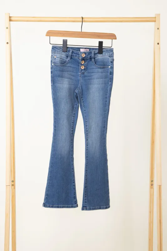 Youth Exposed Triple Button Flare Jeans for Girls | 17013HKS23-MDENIM sold by Glik’s