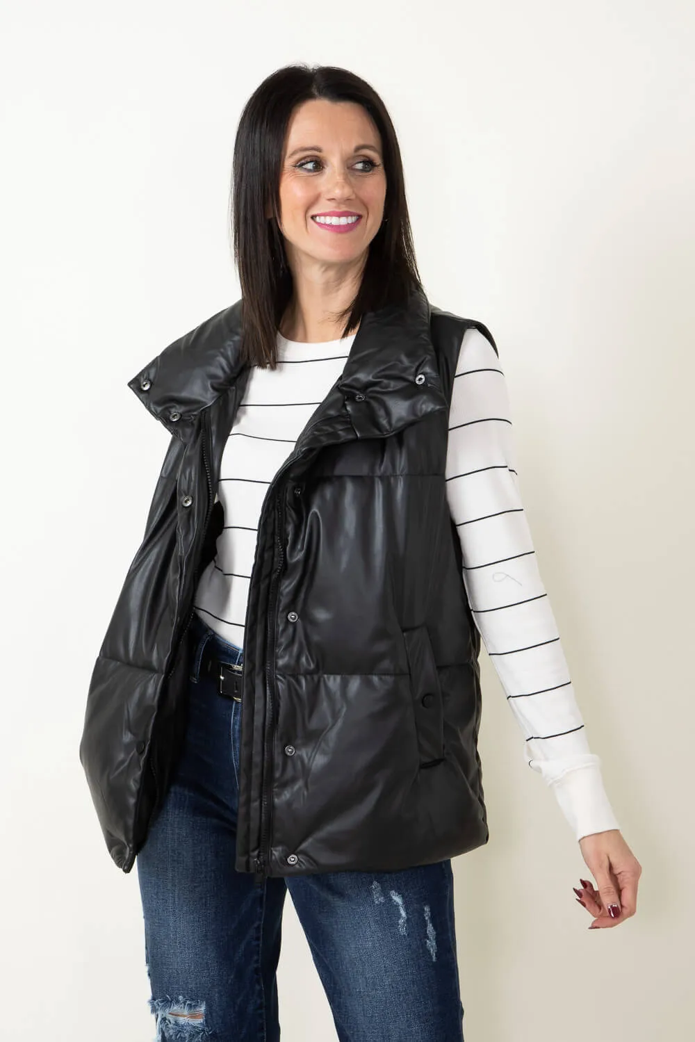 Love Tree Faux Leather Full Length Puffer Vest for Women in Black | 5098VH-BLACK sold by Glik’s