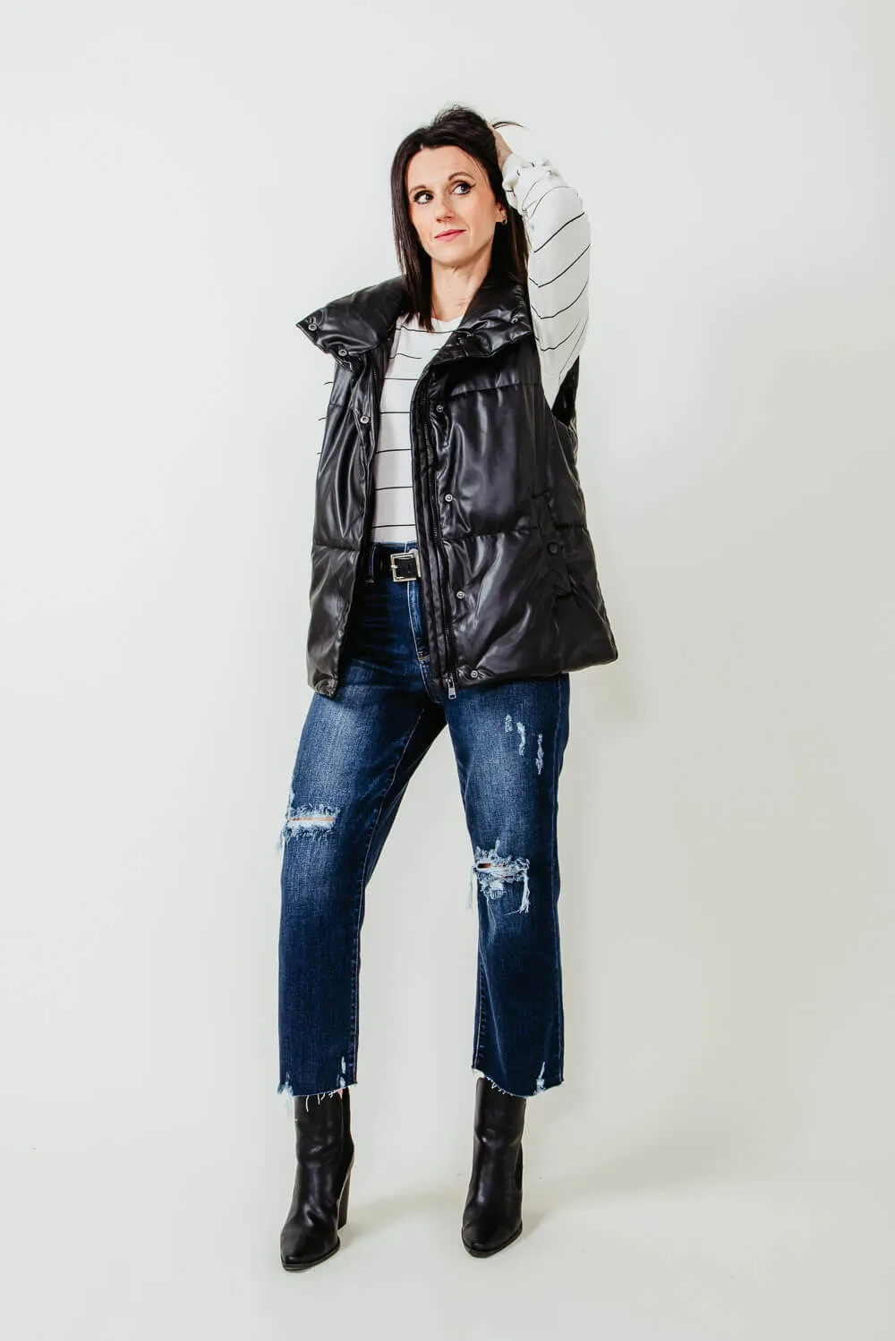 Love Tree Faux Leather Full Length Puffer Vest for Women in Black | 5098VH-BLACK sold by Glik’s product image thumbnail 2