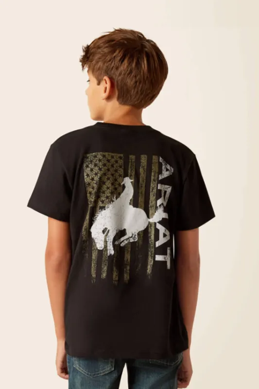 Ariat Youth Bronco Flag T-Shirt for Boys in Black | 10047915-BLK sold by Glik’s