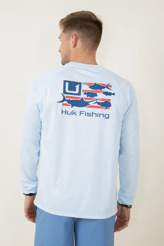 Huk Fishing Pursuit Trophy Flag Long-Sleeve T-Shirt for Men in Blue | H1200602-476-ICEWATER sold by Glik’s