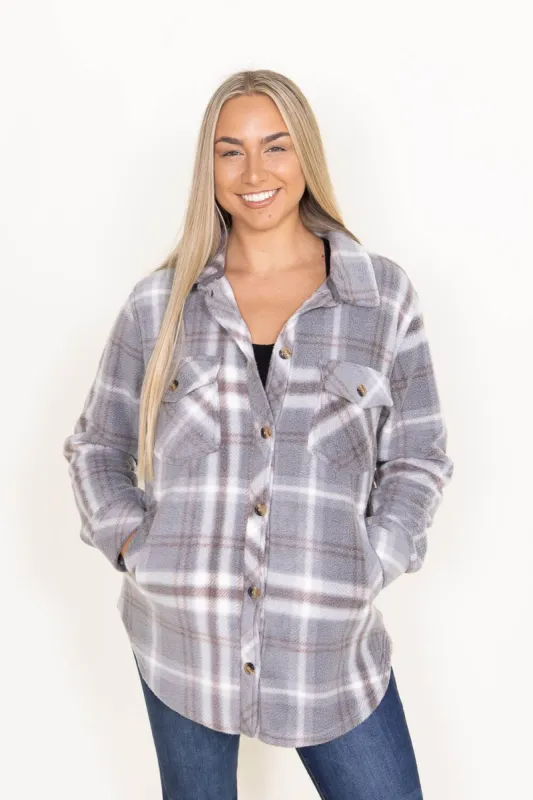 Thread & Supply Tullis Fleece Plaid Shacket for Women in Grey | J7711PFKTS-CHARCOAL MERLOT PLAID sold by Glik’s