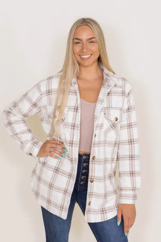 Thread & Supply Tullis Fleece Plaid Shacket for Women in White | J7711PFKTS-CEDAR CREAM PLAID sold by Glik’s
