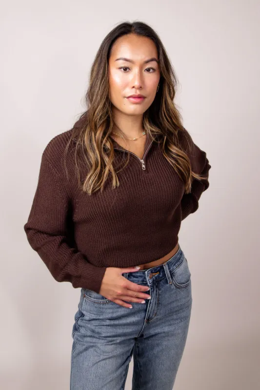 Quarter Zip Henley Sweater for Women in Brown | FW1656-BROWN sold by Glik’s