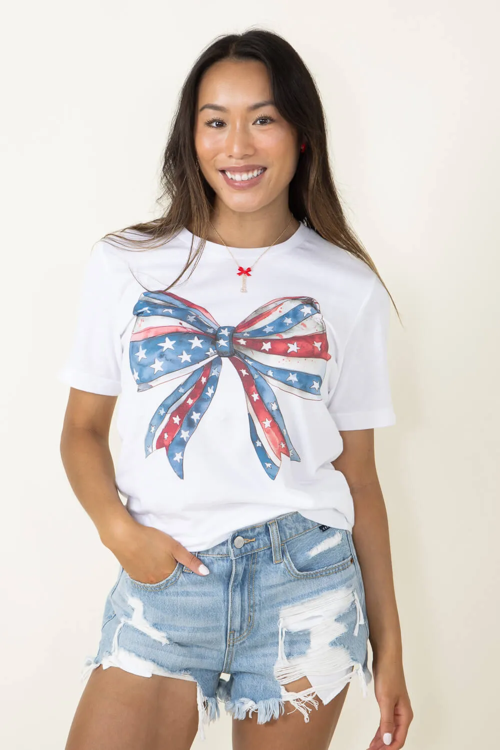 Americana Bow Graphic T-Shirt for Women in White | 11931X-TS-WHITE sold by Glik’s