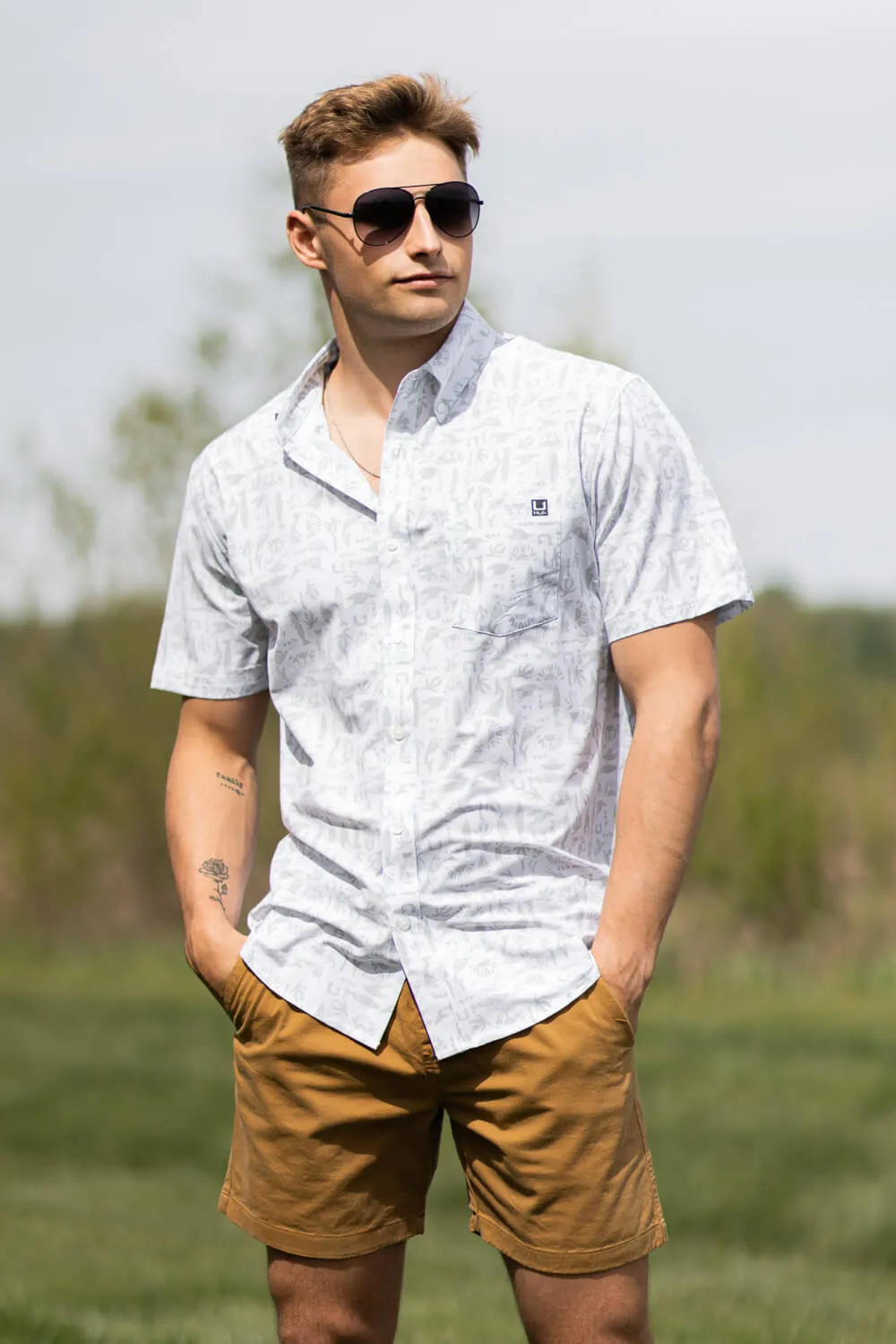 Huk Fishing Kona Batiki Button Down Shirt for Men in Grey | H1500199-034-HARBORMIST sold by Glik’s